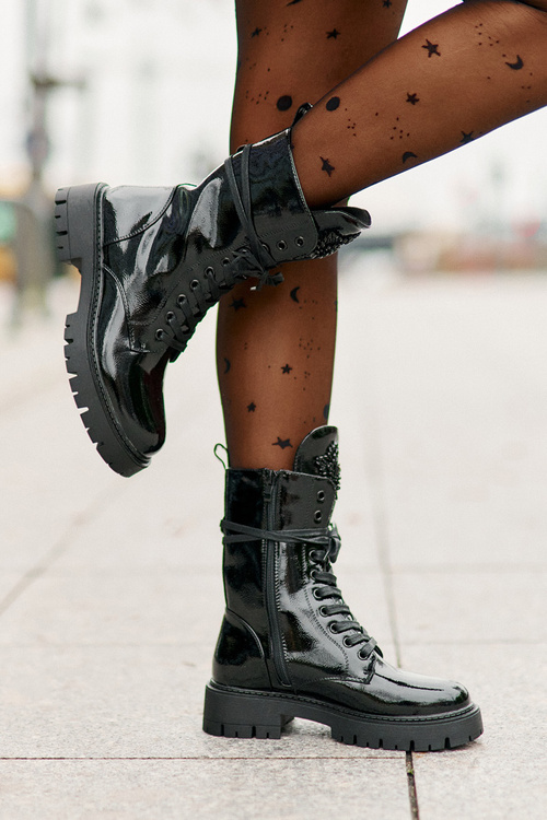Lacquered Insulated Work Boots With Decoration Black Kelilea
