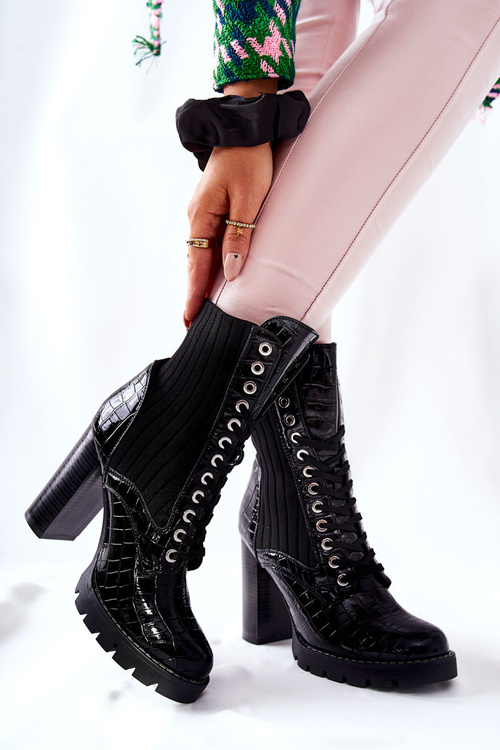 Women's Boots On High Heel Crocodile Pattern Black Erdogan