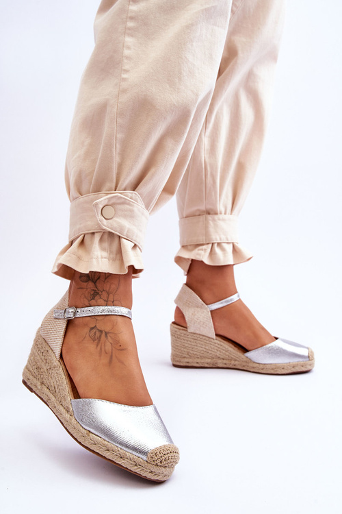 Leather Espadrilles Wedge Sandals Silver Cammer
