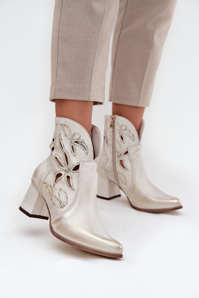 Leather Pierced Women's Ankle Boots On Heel Zazoo 3647 Gold Worn