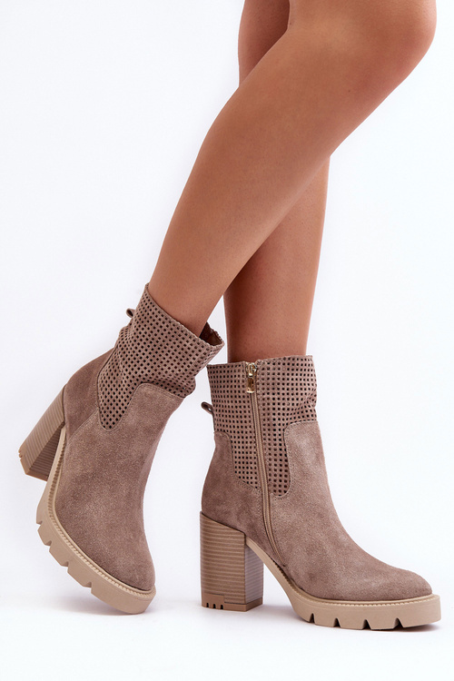 Women's Leather Aperture Ankle Boots Beige Lewski 3386