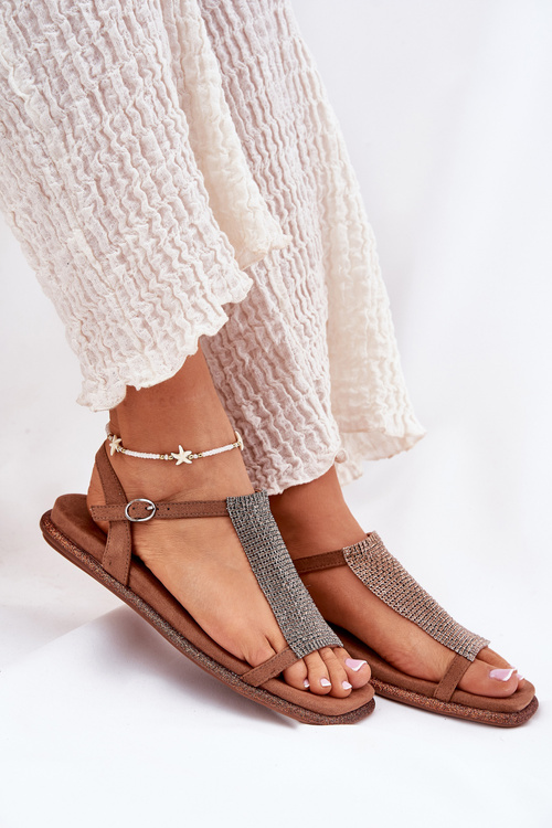 Sandały Damskie Płaskie Eleganckie Z Kryształkami Brązowe Artiker 56C1365