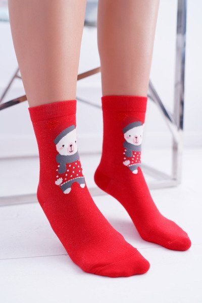 Ladies' Christmas Socks Red With Teddy Bear