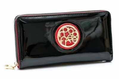 Duży Damski Czarny Lakierowany Portfel Nobo Czerwień