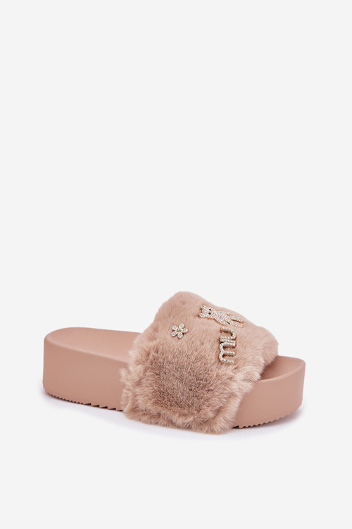Women's Platform Slippers With Fur And Gold Accessories Beige Livira