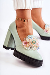 Elegant Pumps With Ornament Smooth Green Caterine 
