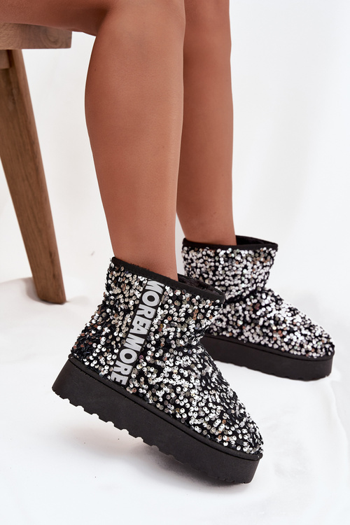 Women's Snow Boots on Platform Decorated with Sequins Black Silver Silmo