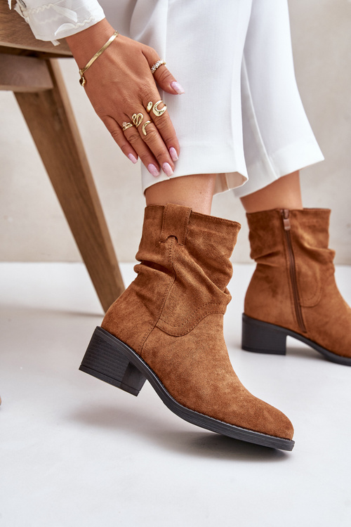 Damskie Botki Ocieplane Marszczona Cholewka Niski Obcas Camel Zinanya