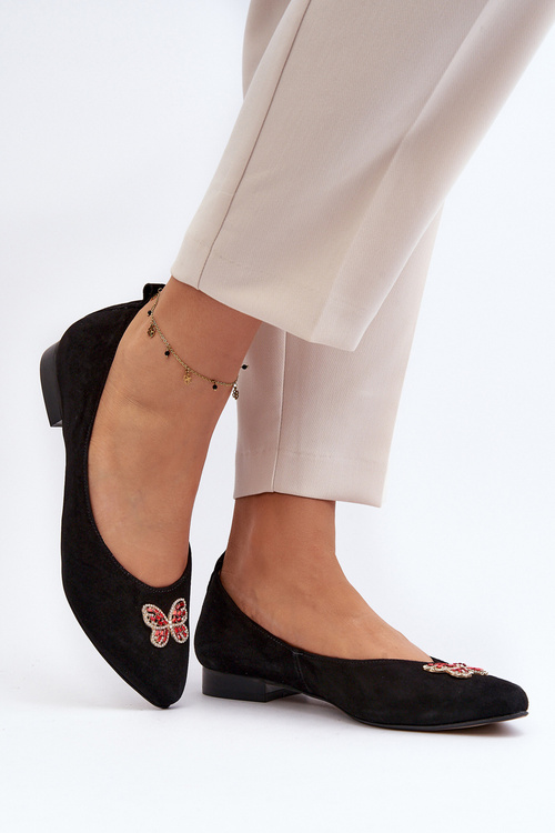 Zazoo 2887 Suede Ballerina Flats With Decorative Butterfly Black