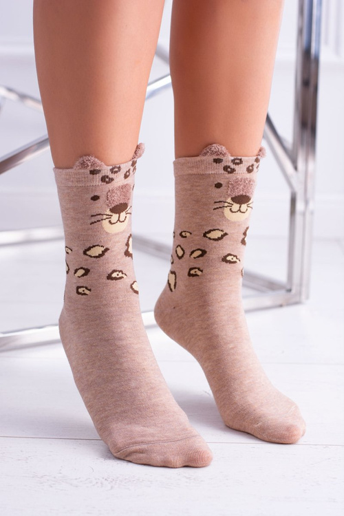 Women's Socks Beige Spotted Tiger with Ears