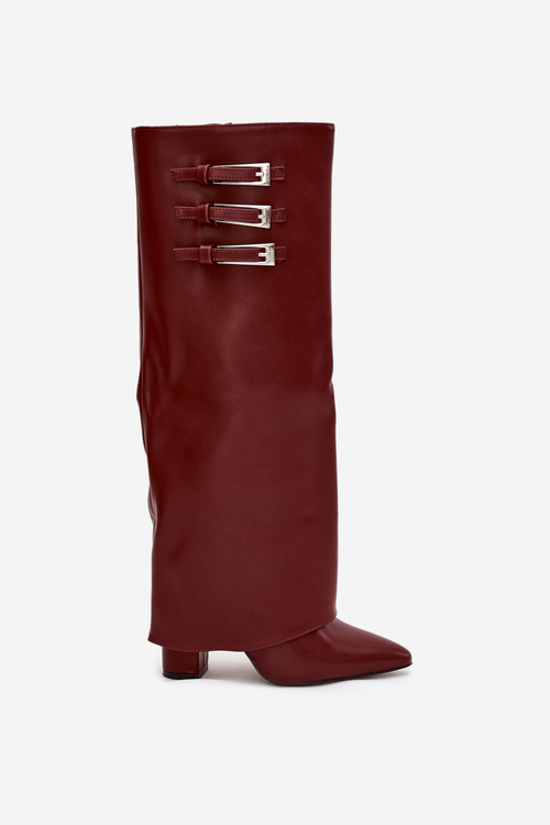 Women's Heeled Boots Turned Shaft Straps With Buckles Burgundy Nirisa