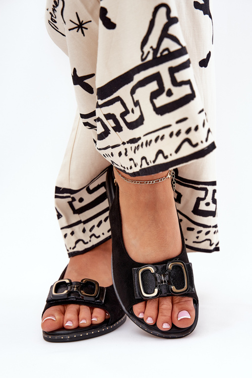 Eko Zamszowe Sandały Damskie Płaskie Z Ozdobą Czarne Lilria