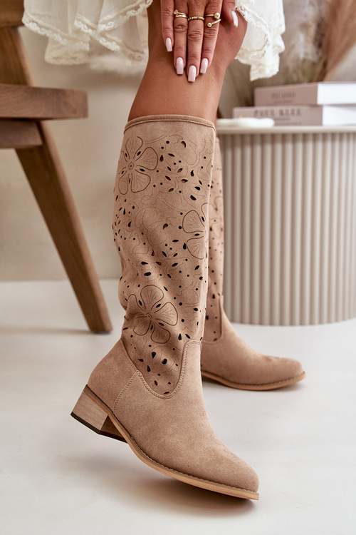 Kozaki Damskie Ażurowe Niski Obcas Zapinane Na Zamek Eko Zamsz Ciemnobeżowe Orchides