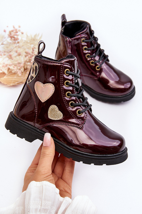 Burgundy patent leather boots with decorations for children Adete