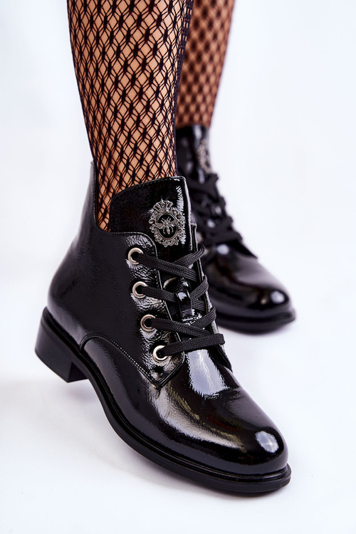 Botki Lakier Ocieplane Sznurowane Czarne Enrica