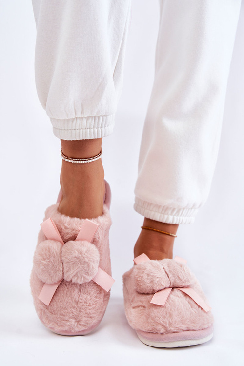 Papcie Damskie Futrzane Pompony Różowe Castello