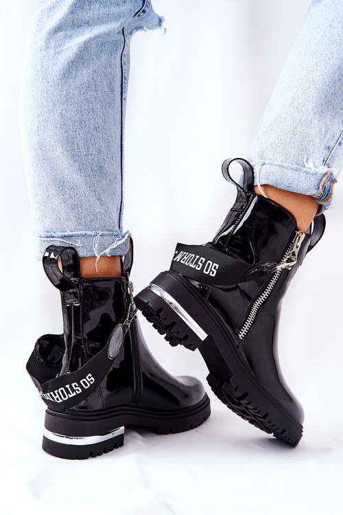 Skórzane Lakierowane Botki Z Suwakiem Czarne Cortona