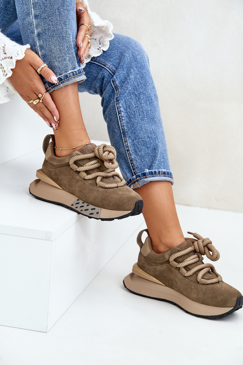 Damskie Zamszowe Sneakersy Grube Sznurowanie Platforma Jasnobrązowe Artiker 54C1466