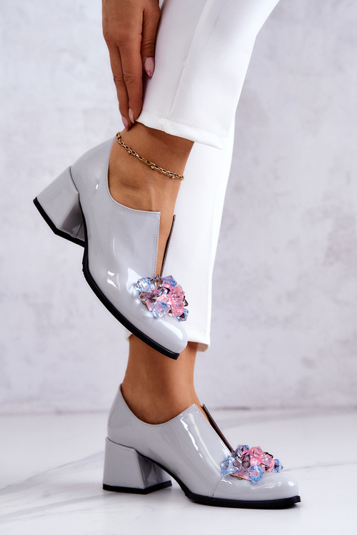 Lacquered Leather Smooth Shoes With Decoration Grey Delaver