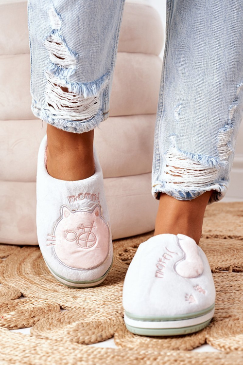 Velor Slippers With A Cat Green Good Morning