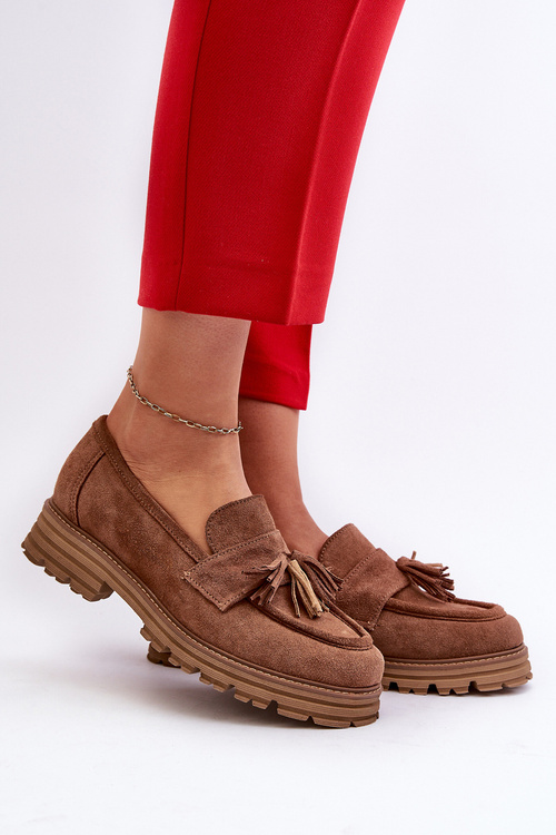 Mokasyny Zamszowe Damskie Frędzle Zazoo 3469 Brązowe