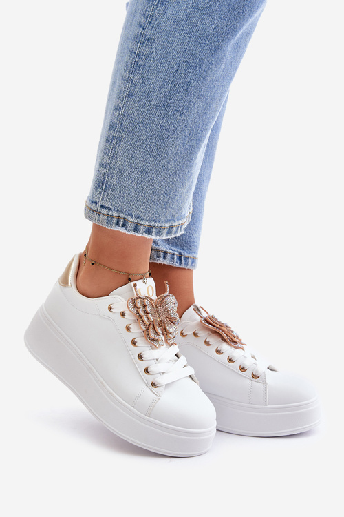 Damskie Eko Skórzane Sneakersy Na Platformie Motyl Biało-Złote Naritevia