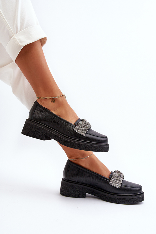 Mokasyny Skórzane Ozdobny Pasek Damskie Czarne Zazoo 3419