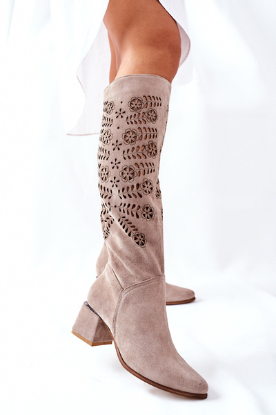 Openwork Suede High Boots Beige Romena
