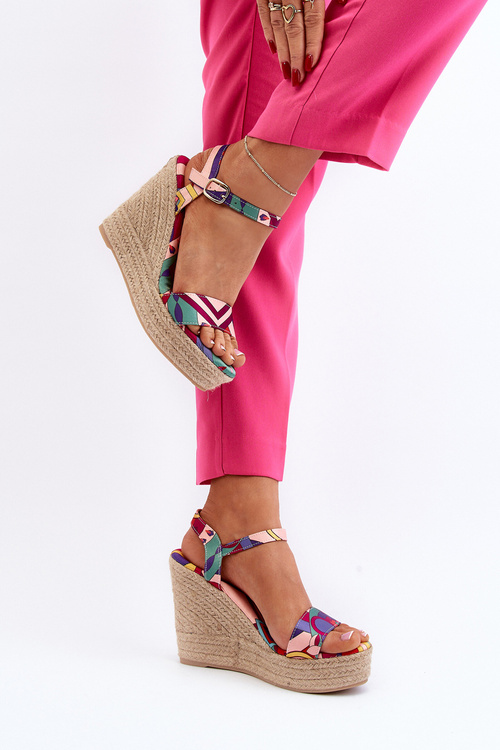 Sandały Damskie Wzorzyste Koturn Z Plecionki Multikolor Anihazra C-223