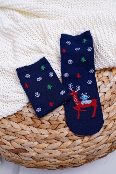 Women's Christmas Socks Navy Blue With Ears and a Reindeer