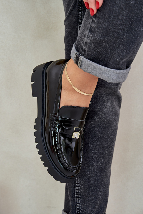 Mokasyny Lakierowane Damskie Przypinka Miś Czarne Wulinea