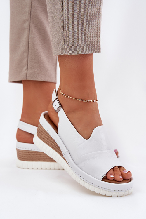 Damskie Skórzane Sandały Na Koturnie Białe Artiker 56C0918