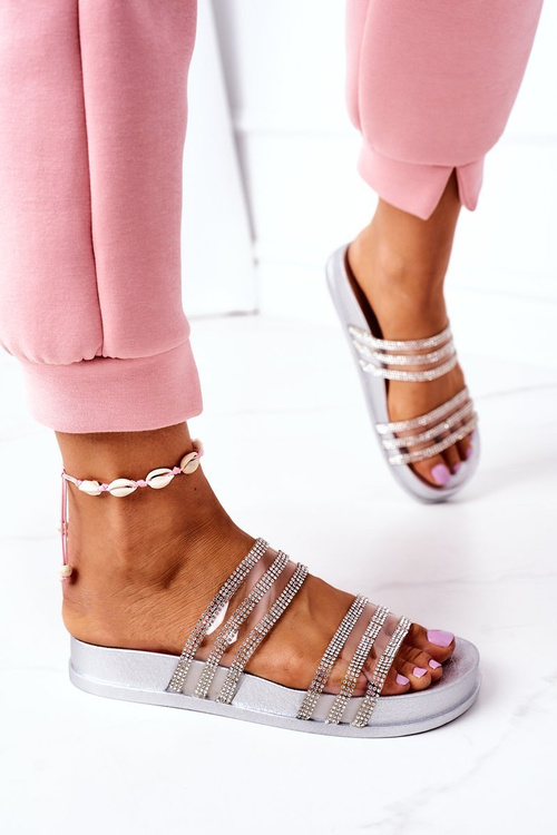 Rubber Slippers With Cubic Zirconia Silver Miss You