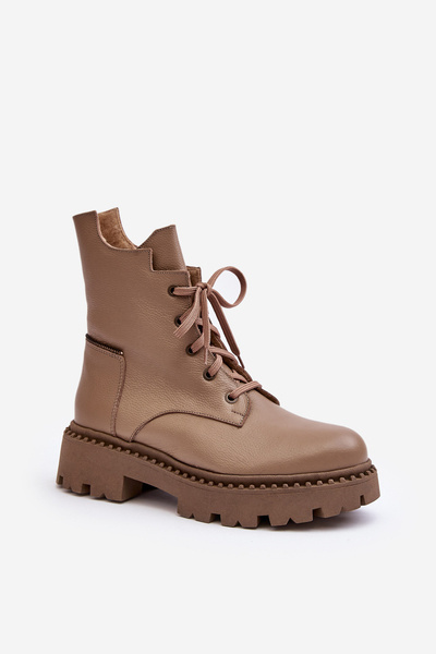 Leather Trapper Boots Women's Zipper Zazoo 949P Dark Beige