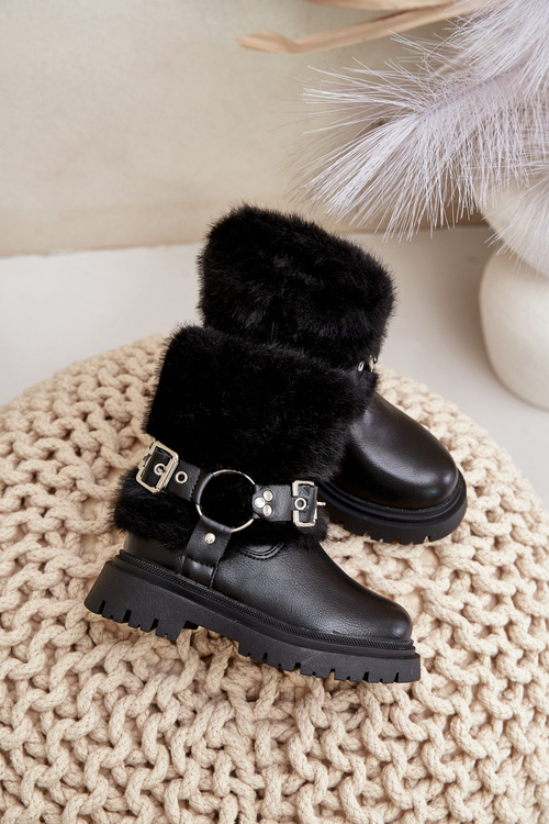 Eco Leather Girls Boots With Fur And Buckles Black Cartemes