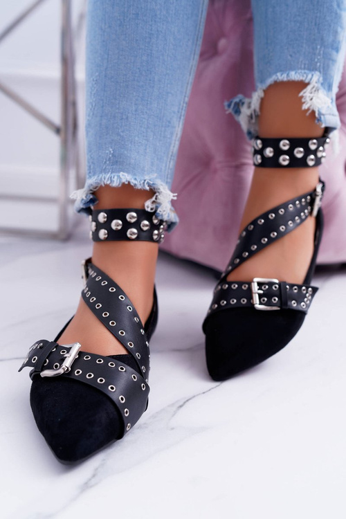 Lu Boo | Black Strappy Ballerinas Rivets Pointed Esteria