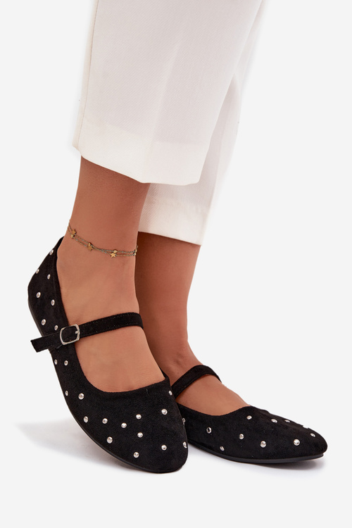 Embellished Women's Ballerinas with Strap Black Olivisse