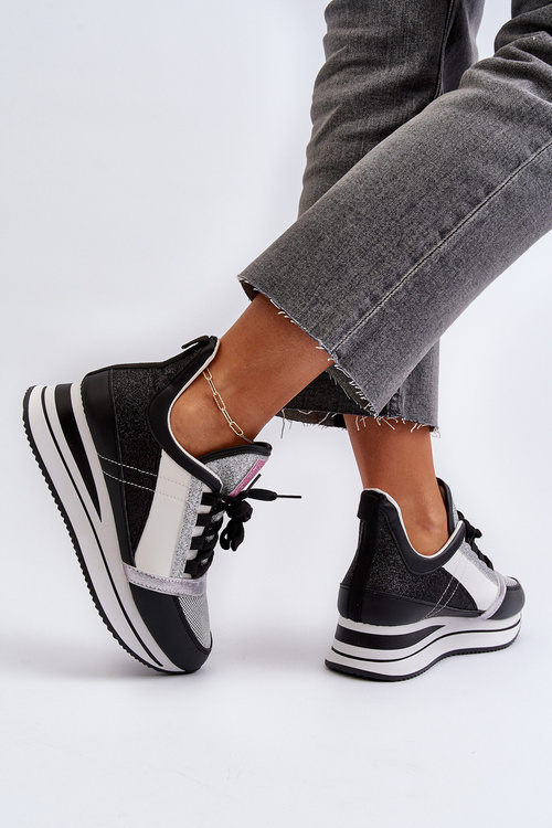 Sneakersy Damskie Platforma Koturn Brokat Rafani Czarne A-59