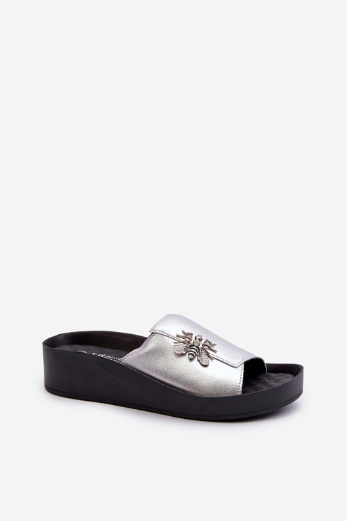 Elegant Women's Slippers With Decoration Genuine Leather S.Barski KV27-015 Silver