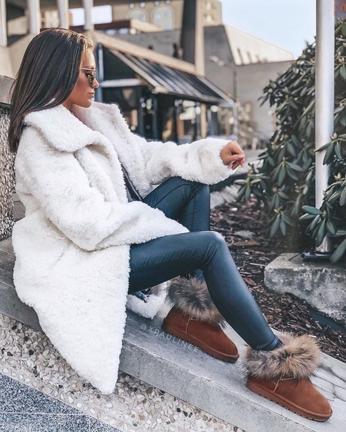 Women's Leather Snow Boots With Eko Fur Camel Alexa