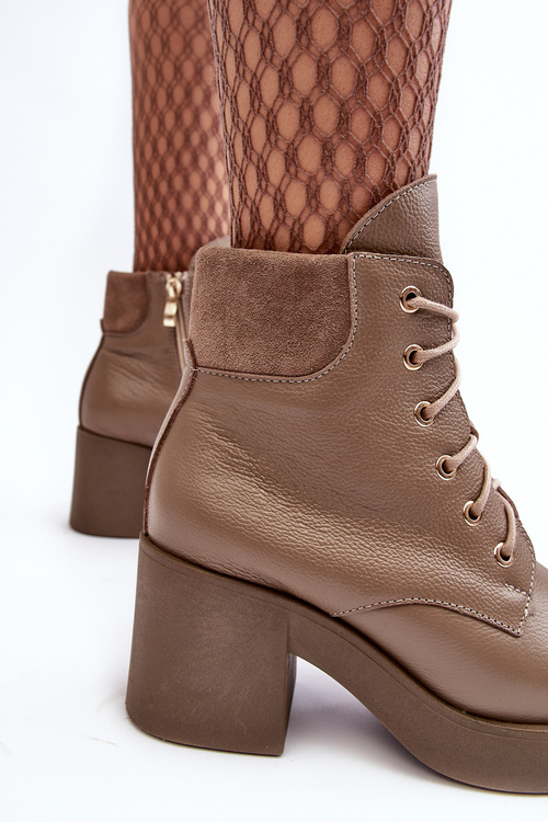 Leather Women's Heeled Ankle Boots Dark Beige Lemar Leocera