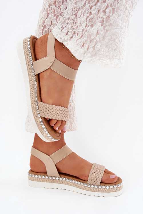 Ladies Sandals With Braiding On Decorated Platform Beige Velara