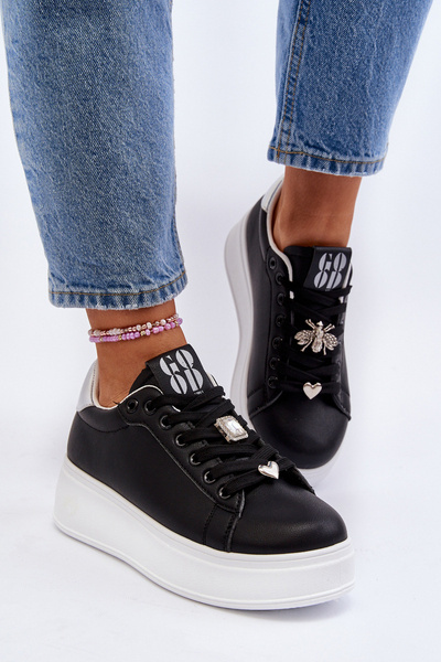 Sneakersy Eko Skóra Platforma Ozdoby Damskie Czarne Herbisa EV-307