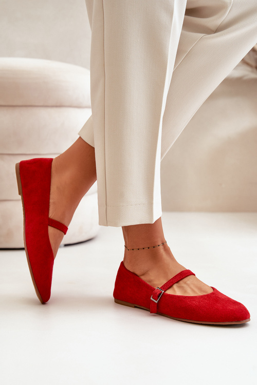 Flat Ballet Shoes With Strap Eco Suede Red Tirilina