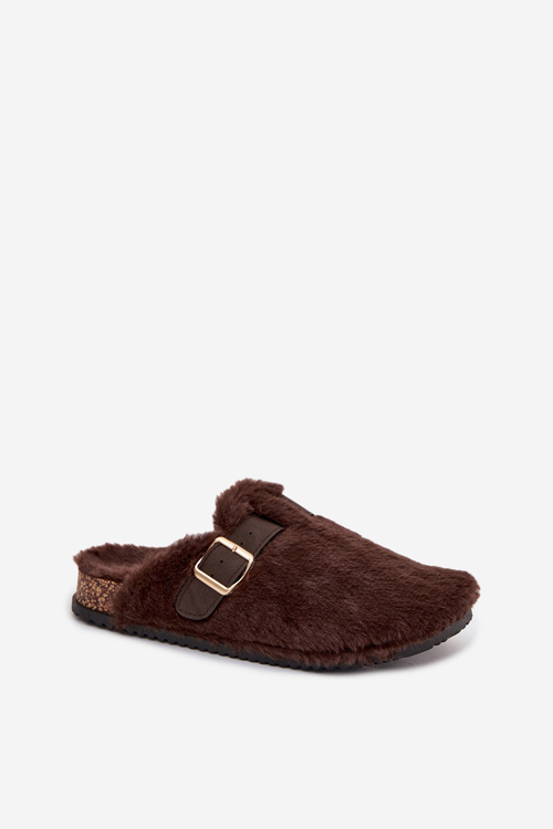 Faux fur women's slippers on a platform with a strap and buckle brown Noraline