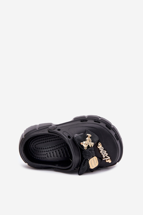 Girls Foam Slippers With Bow And Decorations Black Selvana