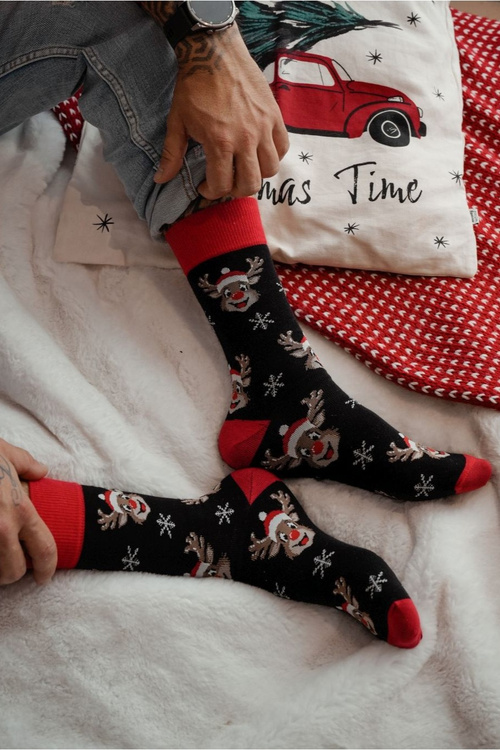 Męskie Skarpetki Świąteczne Uśmiechnięte Renifery Czarne