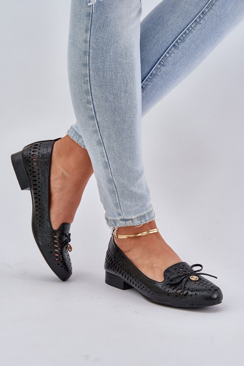 Lacquered Perforated Ballet Flats With Bow Eco Leather Black Amepitrea