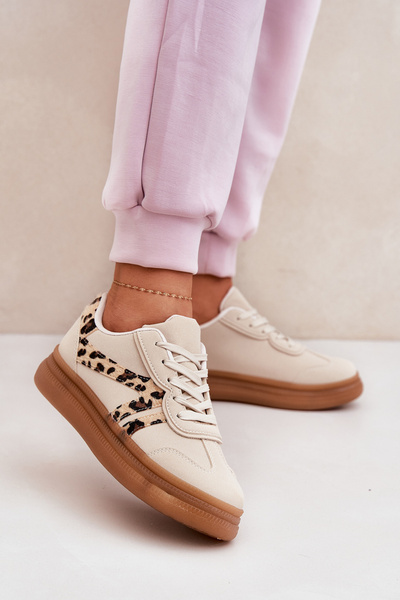 Sneakersy Damskie Na Platformie Modne Panterka Beżowe Totter