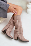 Knee High Heeled Boots With Folded Shaft And Buckles Beige Vamissa